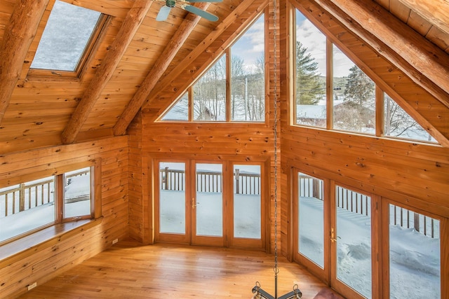 interior space featuring wooden ceiling, beamed ceiling, wood walls, and light wood finished floors