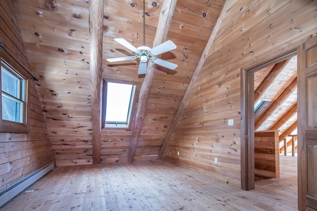 bonus room featuring wood ceiling, wood walls, light wood finished floors, and baseboard heating