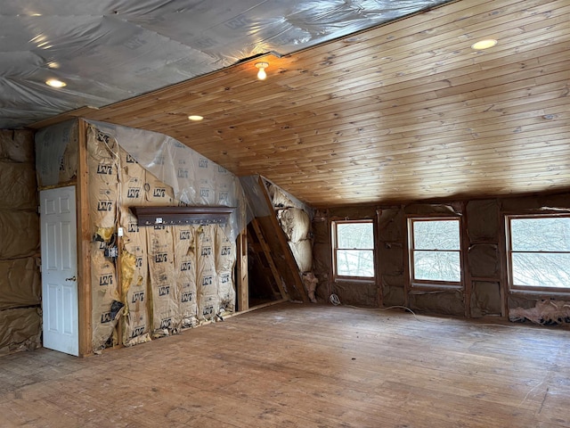 interior space with lofted ceiling, wooden ceiling, and hardwood / wood-style floors