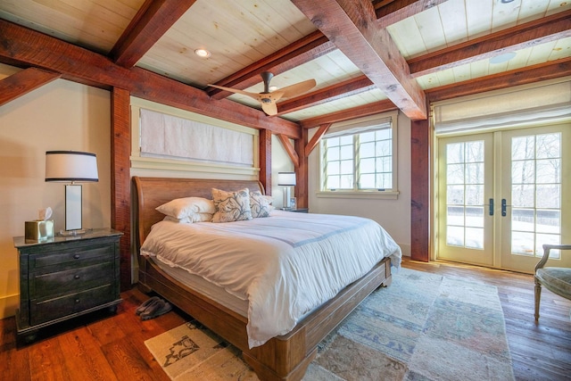 bedroom with beamed ceiling, wood-type flooring, wooden ceiling, and access to exterior