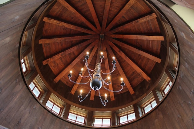 details featuring wooden ceiling, wooden walls, beamed ceiling, and an inviting chandelier