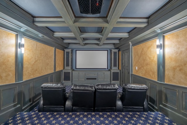 cinema featuring ornamental molding, coffered ceiling, a decorative wall, and beamed ceiling