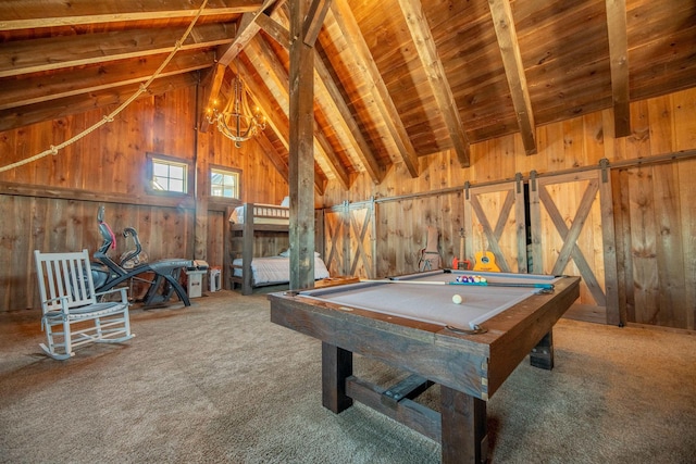 rec room featuring beamed ceiling, wood walls, and carpet flooring