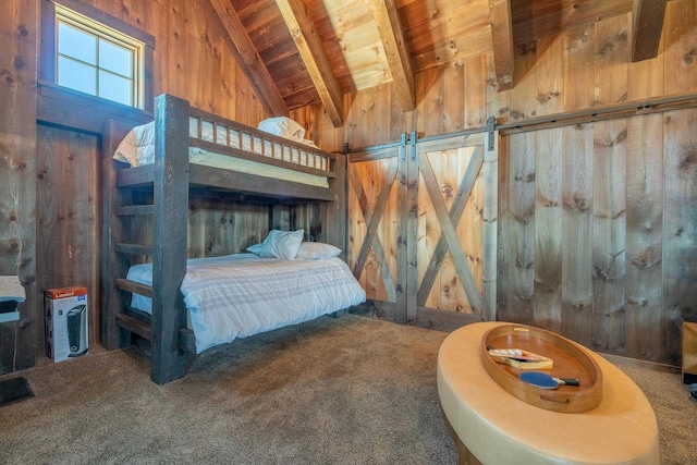 bedroom featuring wooden ceiling, wood walls, carpet, and lofted ceiling with beams