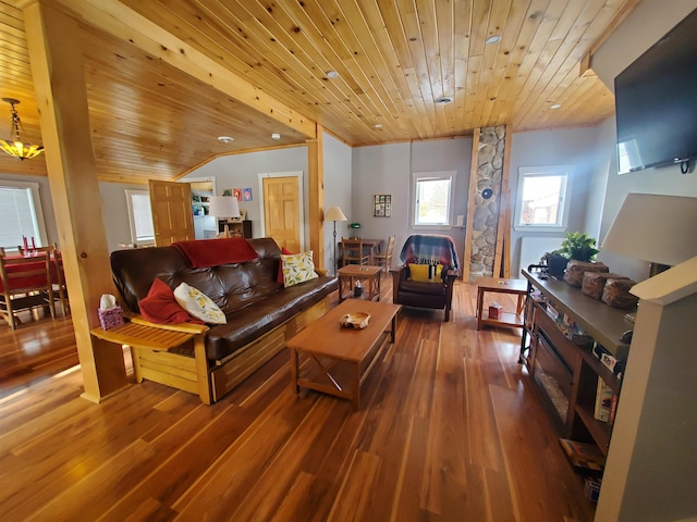 living area with wooden ceiling and wood finished floors