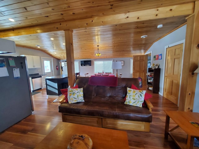 living area with wooden ceiling, vaulted ceiling, wood finished floors, and recessed lighting