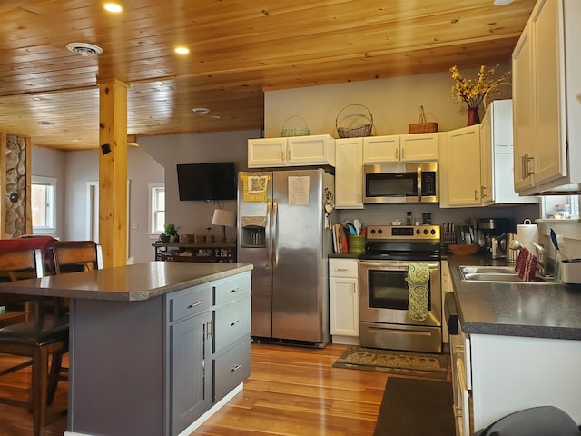 kitchen featuring visible vents, dark countertops, wooden ceiling, stainless steel appliances, and a sink