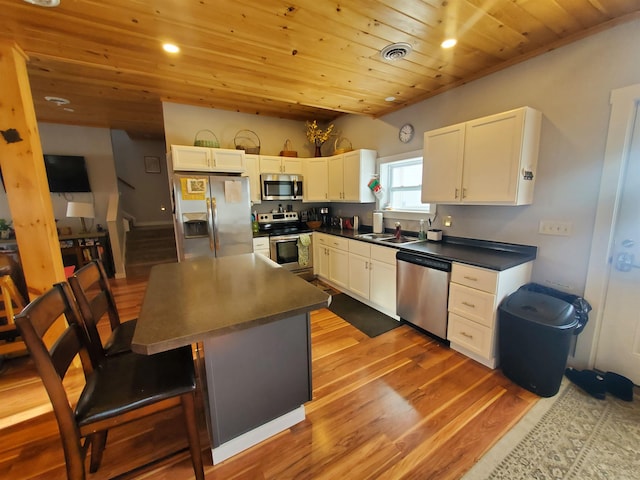 kitchen featuring visible vents, appliances with stainless steel finishes, wood ceiling, white cabinetry, and wood finished floors