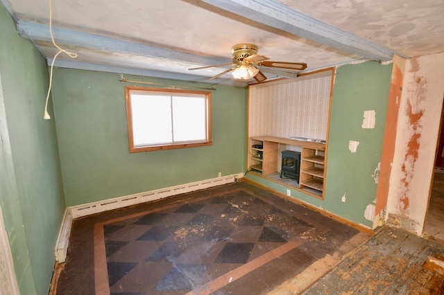 unfurnished living room with a baseboard heating unit and a ceiling fan