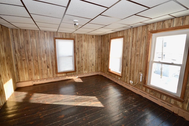 empty room with wooden walls, dark wood-type flooring, baseboard heating, and a healthy amount of sunlight