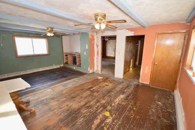 unfurnished living room featuring a ceiling fan, a baseboard radiator, beamed ceiling, and hardwood / wood-style flooring