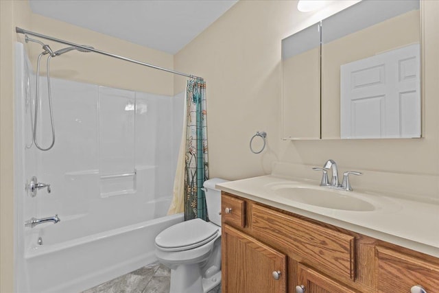 bathroom with shower / bath combo, vanity, and toilet