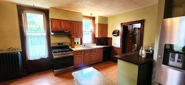 kitchen with light wood finished floors, radiator heating unit, appliances with stainless steel finishes, a healthy amount of sunlight, and under cabinet range hood