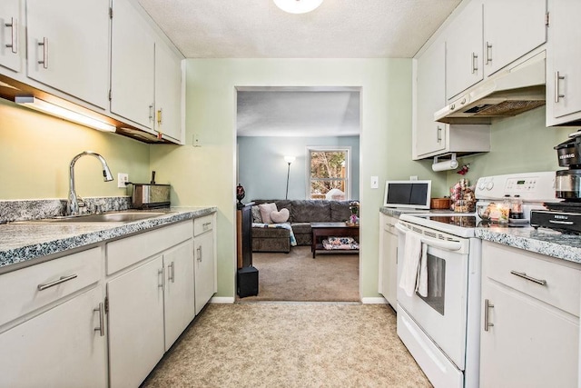 kitchen with under cabinet range hood, light carpet, a sink, white cabinets, and electric stove