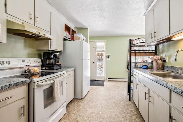 kitchen with a baseboard radiator, a sink, a textured ceiling, white appliances, and under cabinet range hood