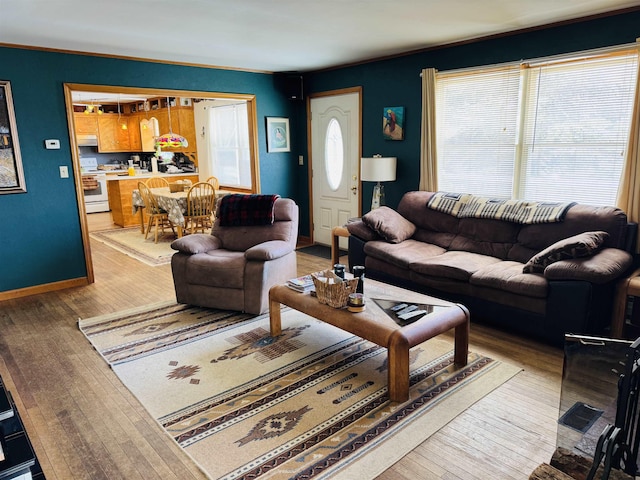 living area with light wood-style flooring and baseboards