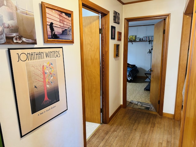 hall featuring hardwood / wood-style flooring and baseboards