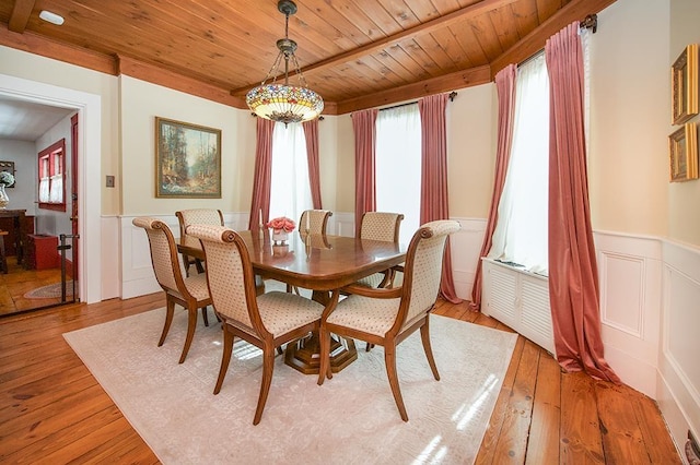 dining room featuring wooden ceiling, light wood finished floors, and wainscoting