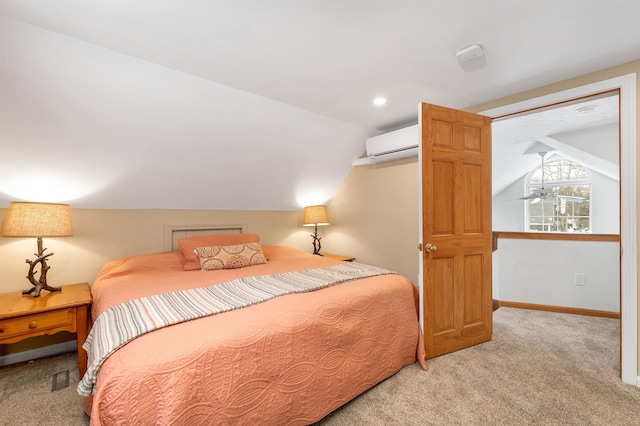 carpeted bedroom featuring a wall unit AC, recessed lighting, baseboards, and lofted ceiling