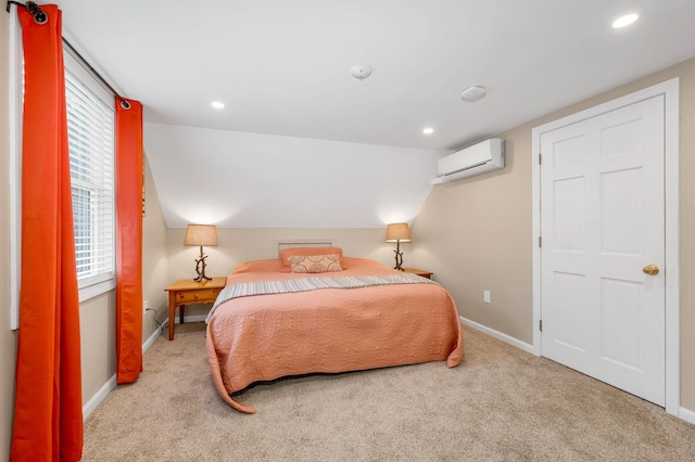 carpeted bedroom featuring lofted ceiling, recessed lighting, baseboards, and a wall mounted AC