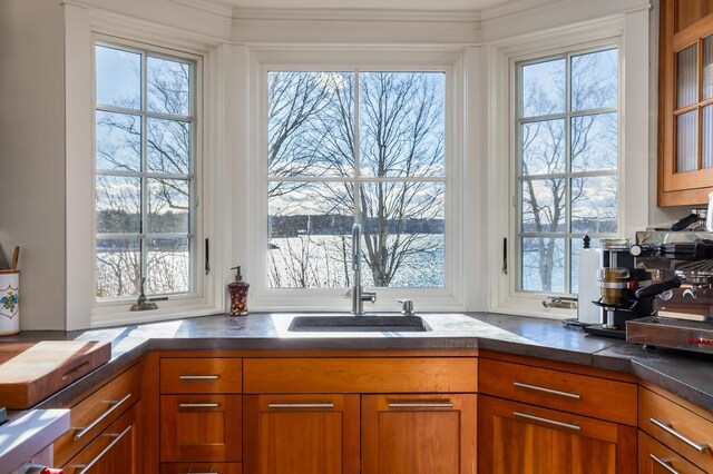 kitchen featuring dark countertops, glass insert cabinets, brown cabinets, a water view, and a sink