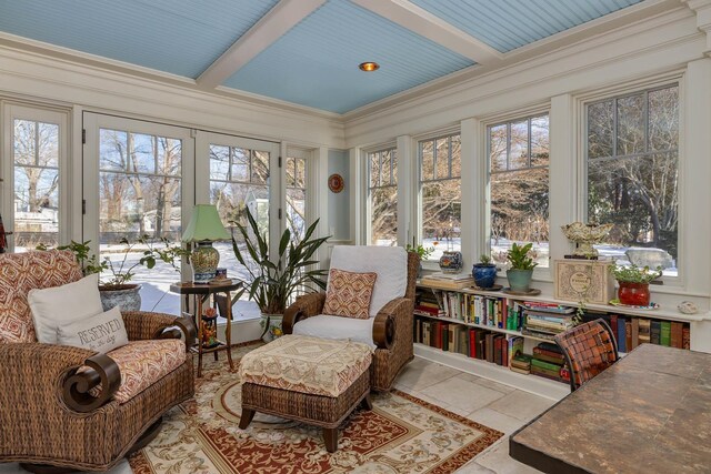 sunroom / solarium with beam ceiling and coffered ceiling