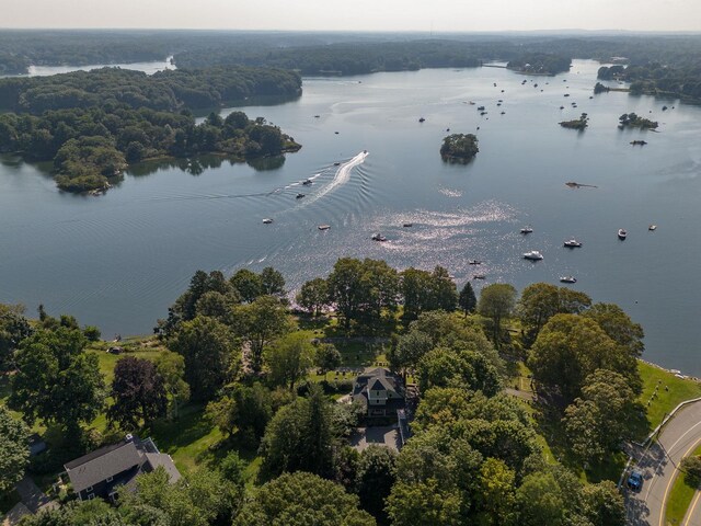 bird's eye view with a water view