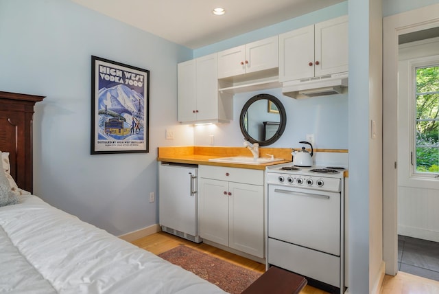 kitchen with electric stove, dishwashing machine, under cabinet range hood, white cabinetry, and a sink