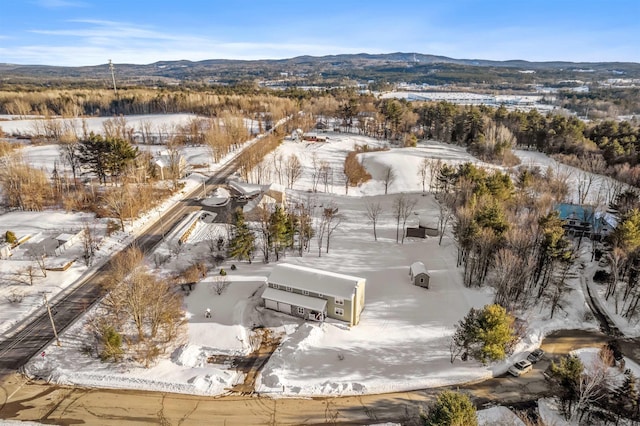 snowy aerial view featuring a mountain view