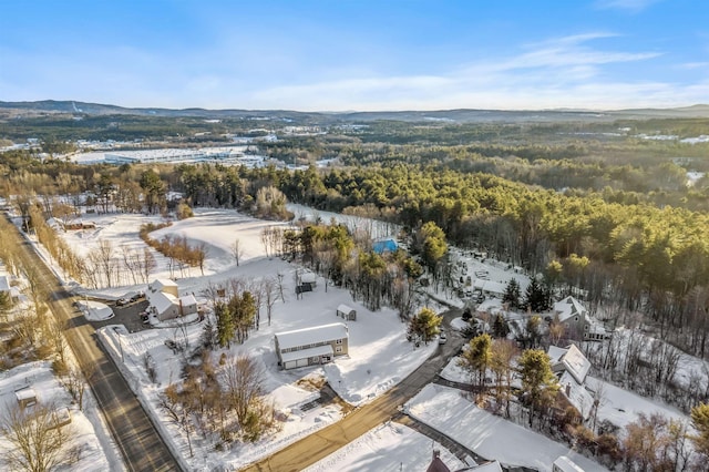 snowy aerial view featuring a wooded view