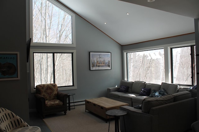 carpeted living area with high vaulted ceiling, a wealth of natural light, and a baseboard radiator