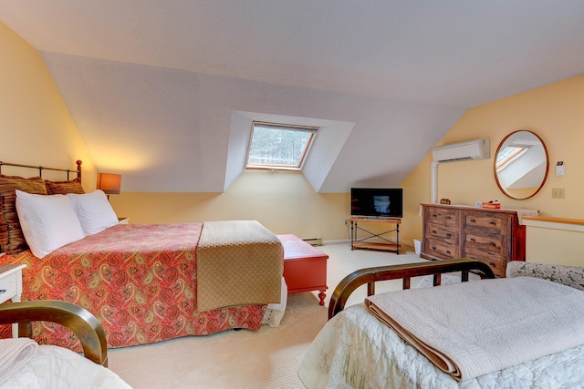 bedroom with carpet floors, an AC wall unit, lofted ceiling with skylight, and baseboard heating