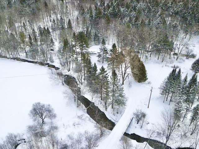 snowy aerial view with a wooded view