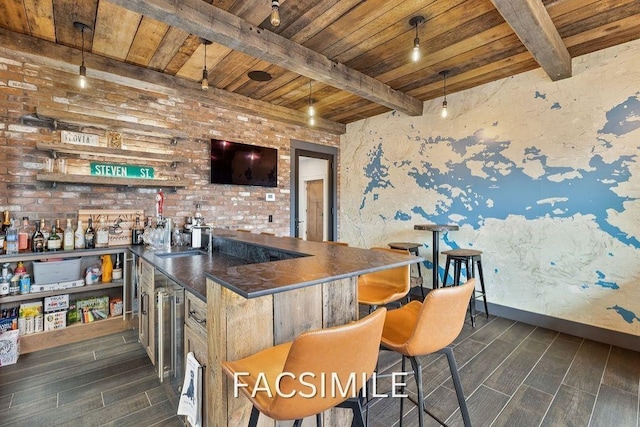 bar with a community bar, wooden ceiling, and beamed ceiling