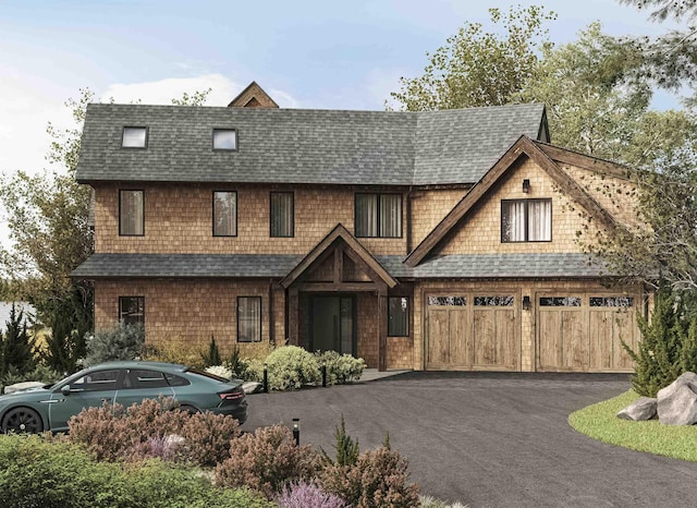 shingle-style home with a garage, aphalt driveway, and a shingled roof