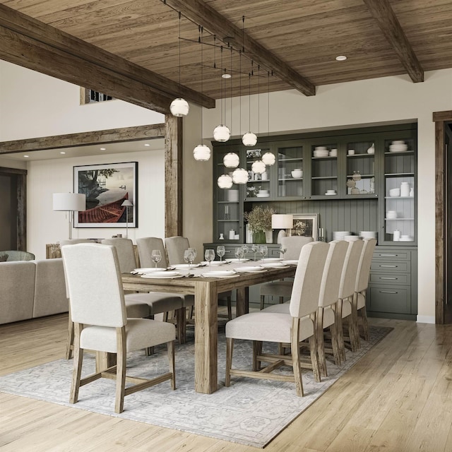 dining area with wooden ceiling, beamed ceiling, and wood finished floors