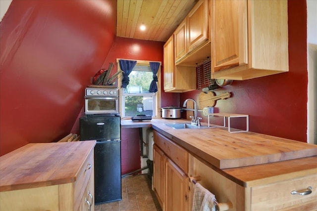 kitchen with wood ceiling, butcher block countertops, and a sink