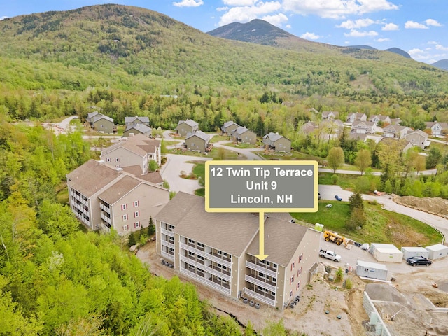 birds eye view of property featuring a forest view and a mountain view