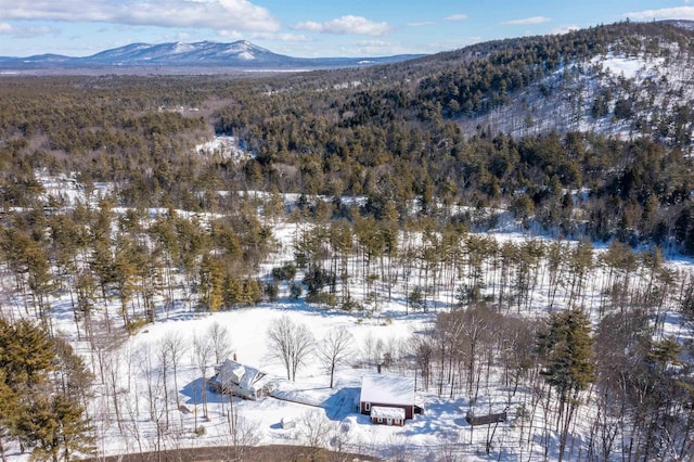 snowy aerial view with a mountain view