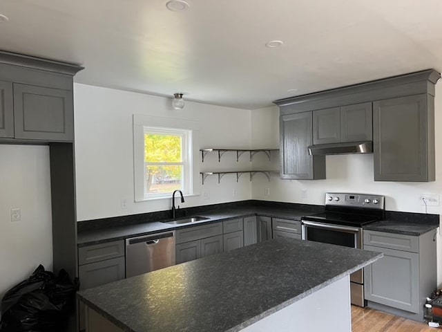 kitchen featuring stainless steel appliances, gray cabinets, a sink, and open shelves