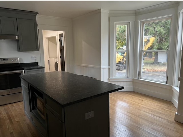 kitchen with light wood-style flooring, under cabinet range hood, stainless steel appliances, ornamental molding, and dark countertops