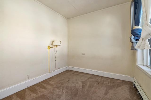 carpeted empty room featuring a baseboard radiator and baseboards