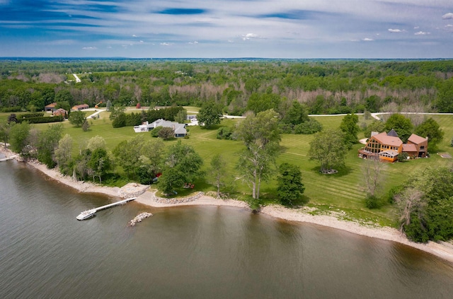 drone / aerial view with a water view and a view of trees