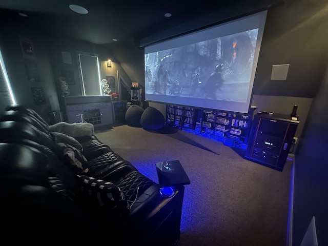 home theater room featuring carpet flooring