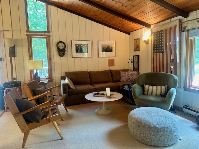 carpeted living room with vaulted ceiling with beams and wood ceiling