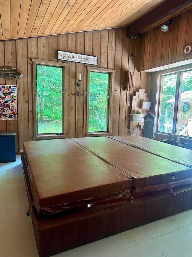 game room featuring wood ceiling and wood walls