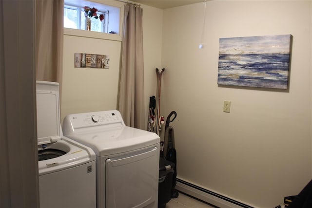 laundry room featuring laundry area, washing machine and dryer, and a baseboard heating unit