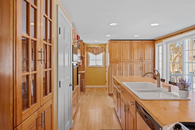 kitchen featuring oven, a sink, light wood-style floors, range, and dishwasher