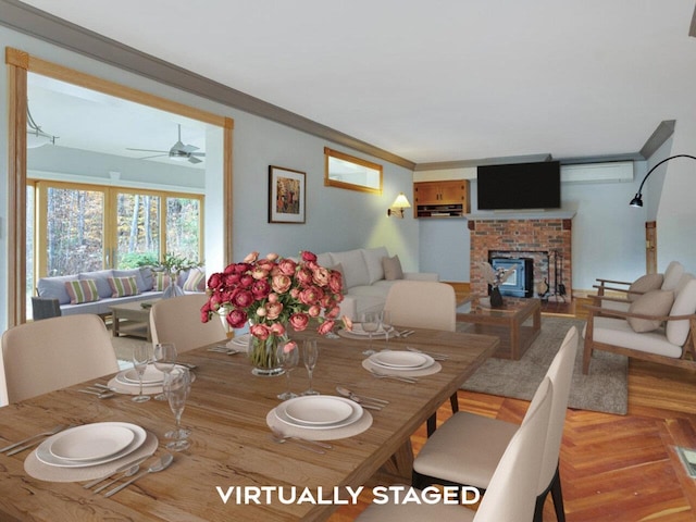 dining space with a ceiling fan and crown molding