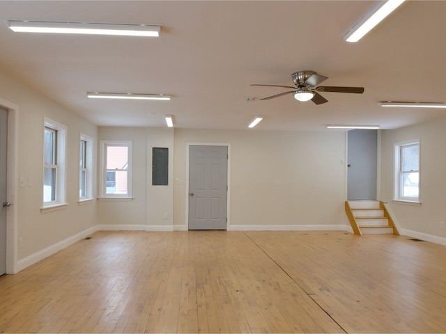 empty room with a healthy amount of sunlight, electric panel, light wood finished floors, and stairs